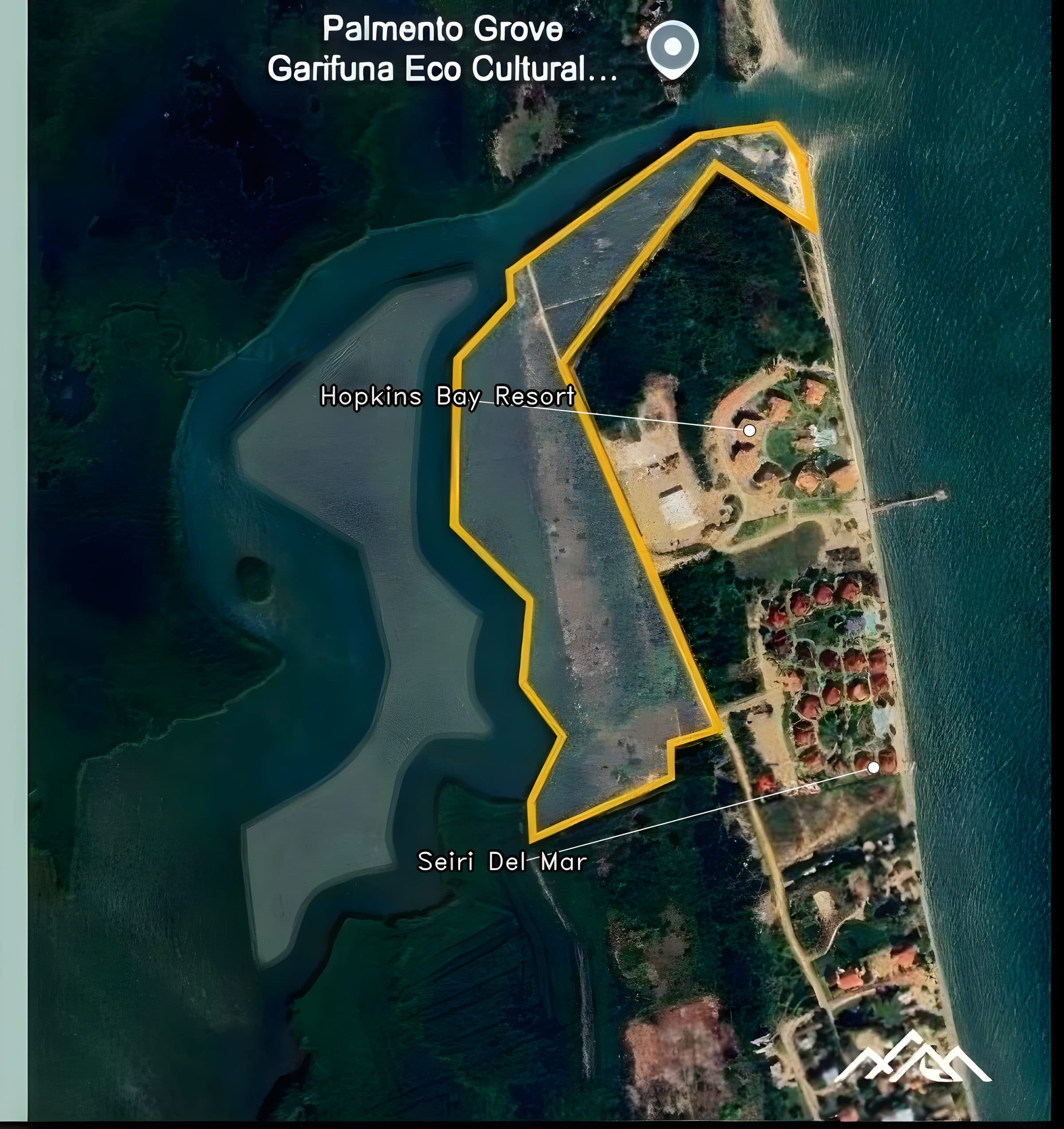 The NALUUM landholding outlined from above, between Hopkins Bay Resort and Seiri Del Mar